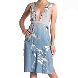 Majorelle Embroidered Deep V-Neck Floral Midi Dress M Gray Sleeveless Formal
